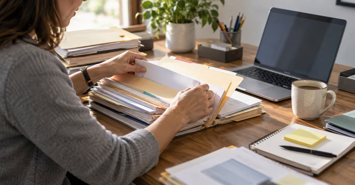 A person searching through paper files on a desk.