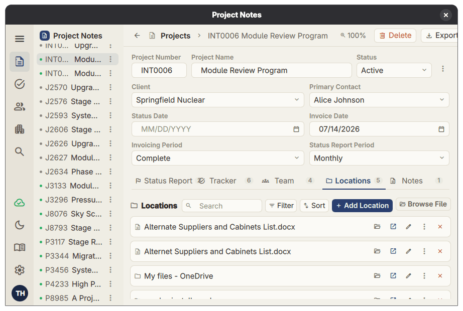 Project Notes Pro file and folder list showing linked project files and full paths