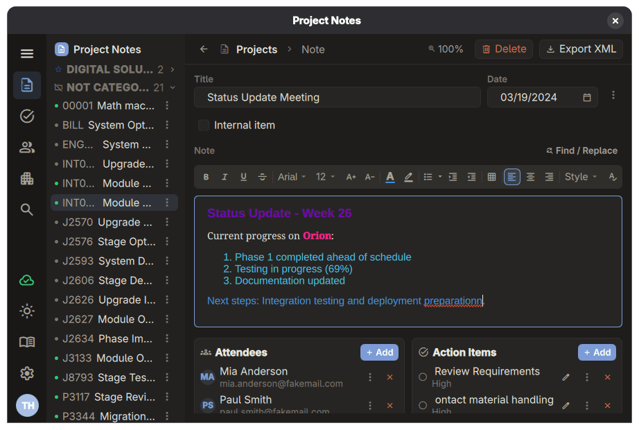 Project Notes Pro meeting note with attendees and action items captured alongside it