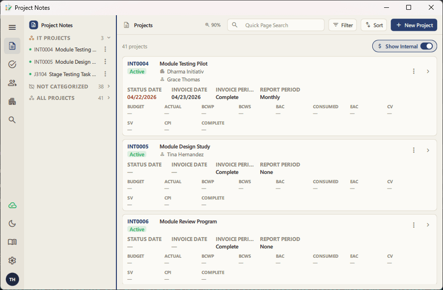 ProjectNotes new desktop UI showing the projects list with a sidebar and metric chips