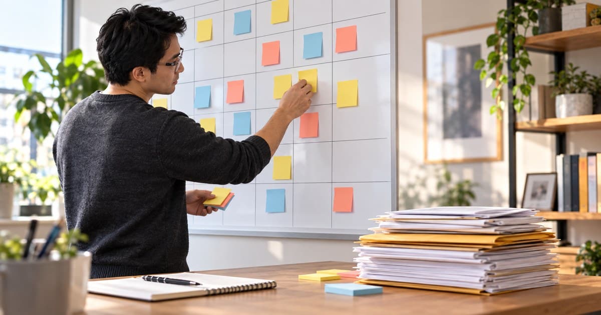 A team member plans on a whiteboard calendar covered with sticky notes, with a stack of mail on the desk.