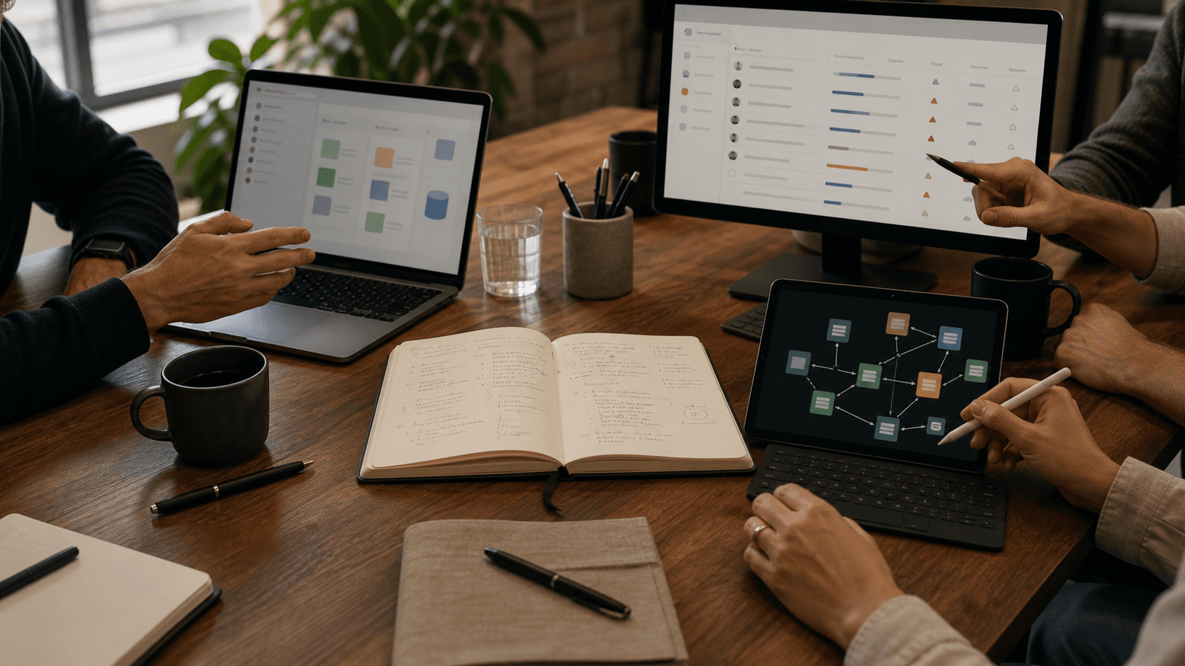 Meeting notes branching into a team workspace, personal knowledge base, and project follow-up system.