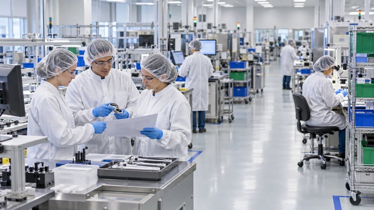 Medical device manufacturing team reviewing process documentation on a clean production floor.