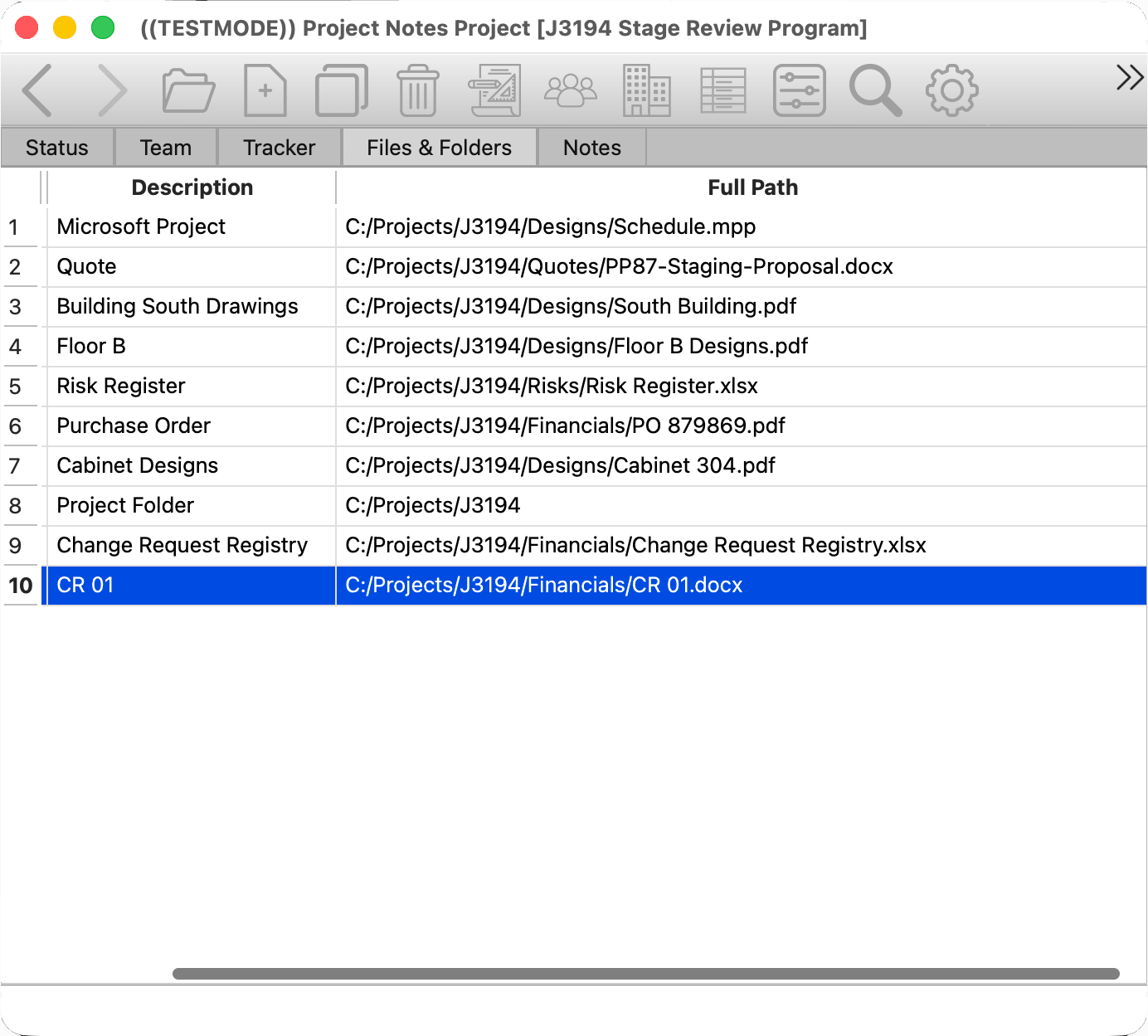 Project Notes Pro file and folder list showing linked project files and full paths