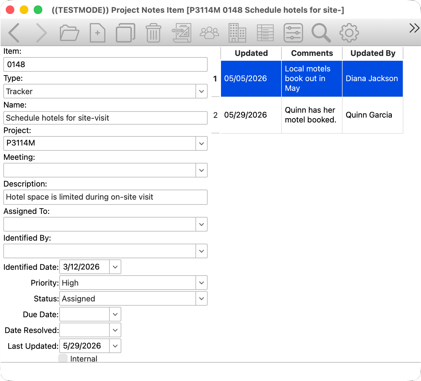 Project Notes Pro item detail view showing action item details, notes, and attachments