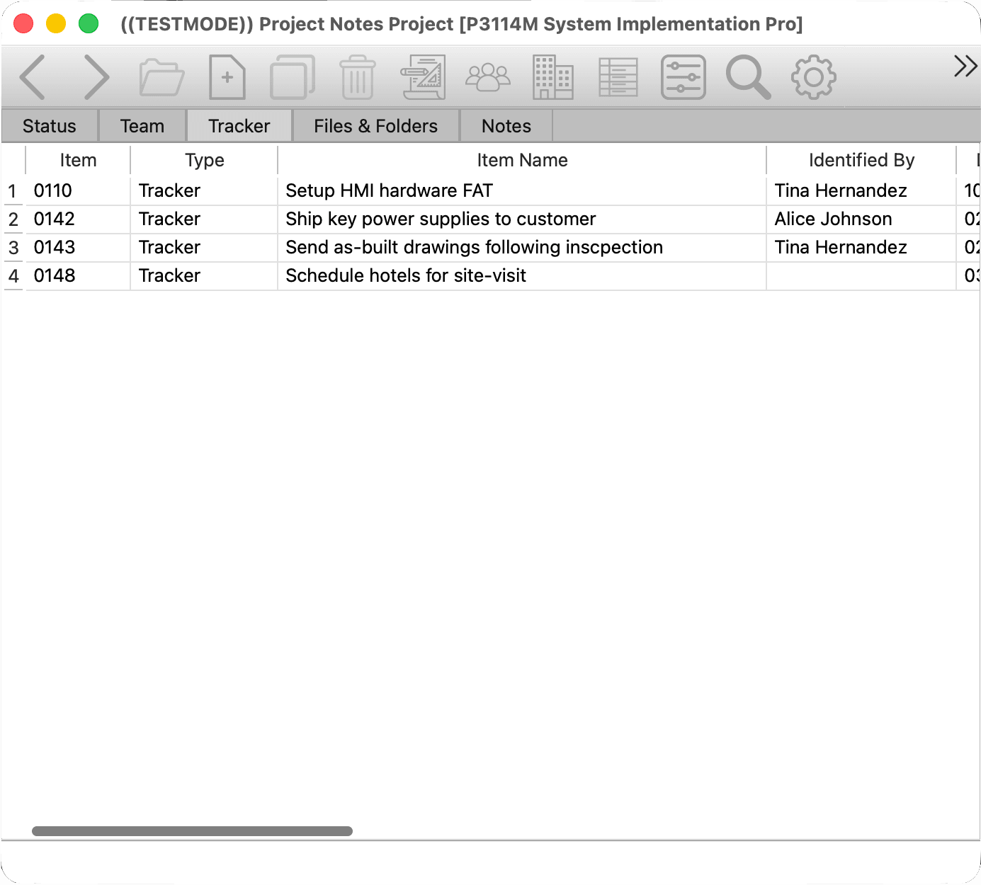 Project Notes Pro item list showing project action items, owners, status, and due dates
