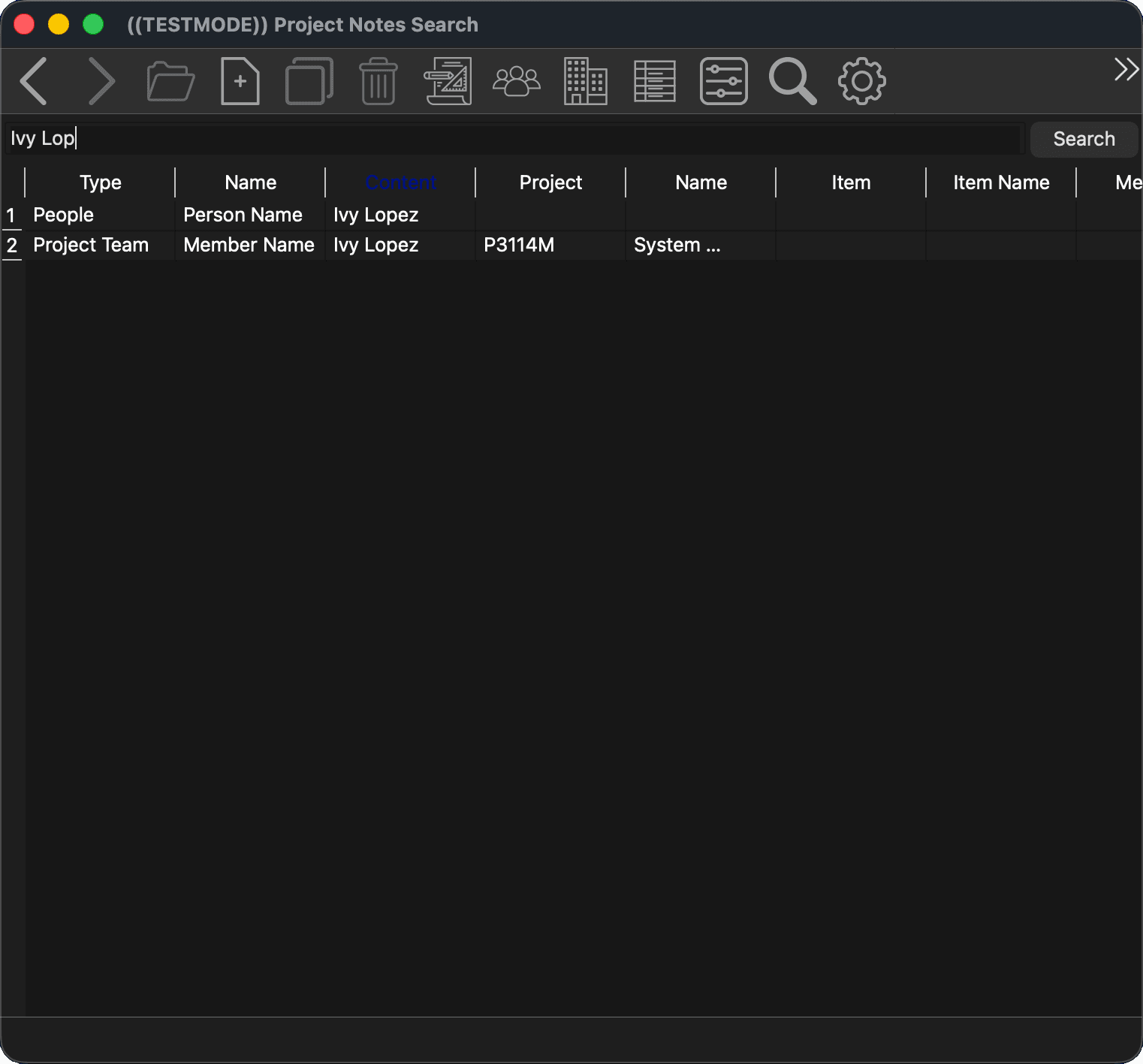 Project Notes Pro search showing full-text search results across notes, action items, and file records