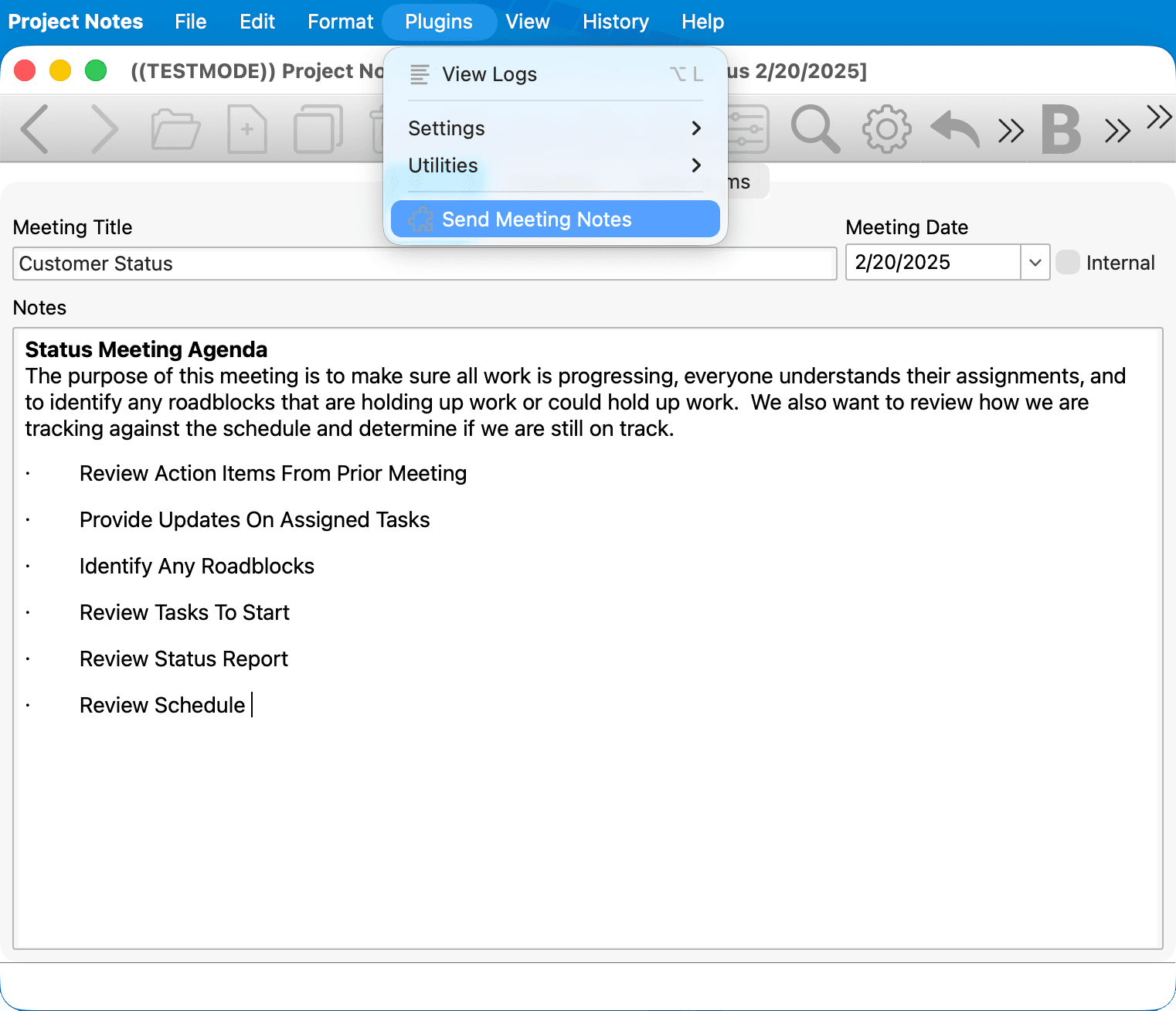 Project Notes Pro send meeting notes plugin showing formatted email being sent to attendees