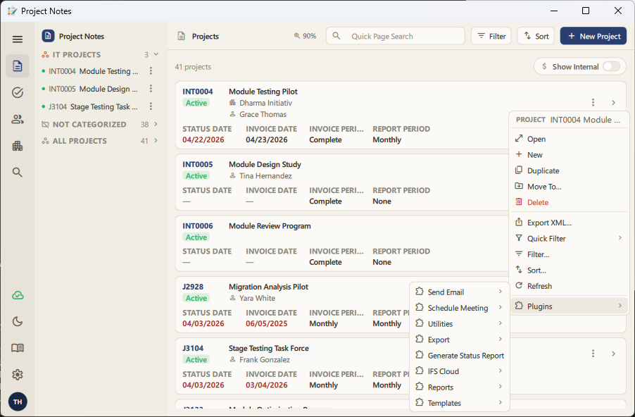 Right-click context menu with record actions and installed plugins