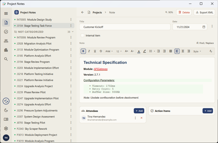 Note editor with formatting toolbar and inline spell-check showing a red squiggle