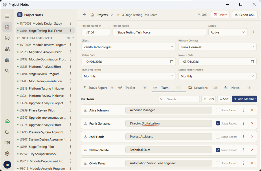 Project detail page with Status, Tracker, Team, and Notes tabs and EVM metric tiles